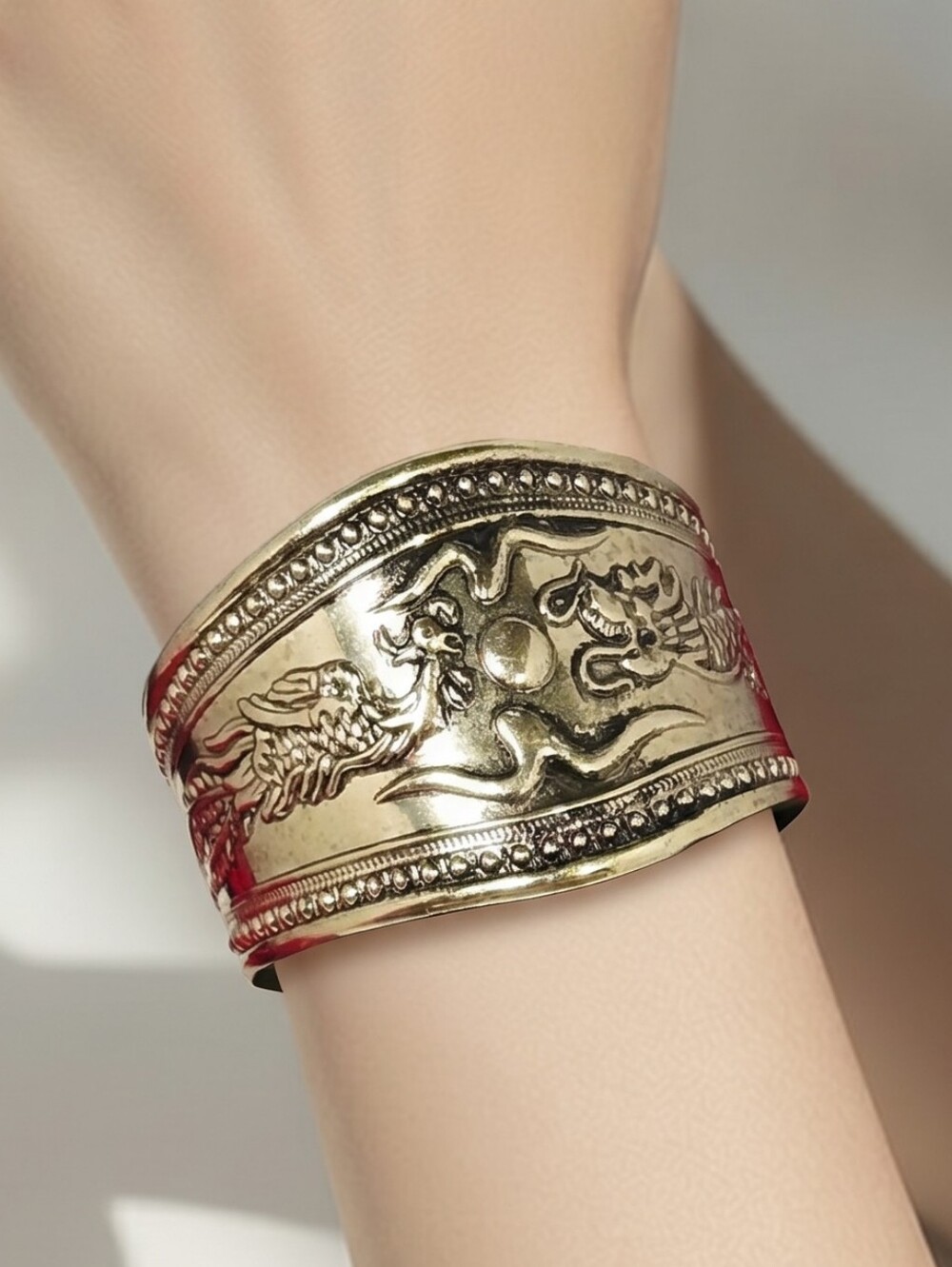 Dragon Phoenix Cuff Bracelet Wide Gold Tone Statement Adjustable Open Bangle